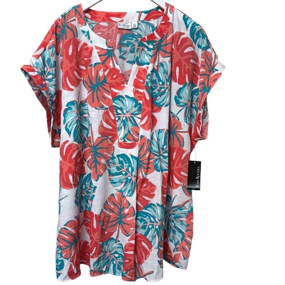 Kim Rogers Top Plus Size 2X Tropical Leaf Coral Turquoise Short Sleeve Tunic
